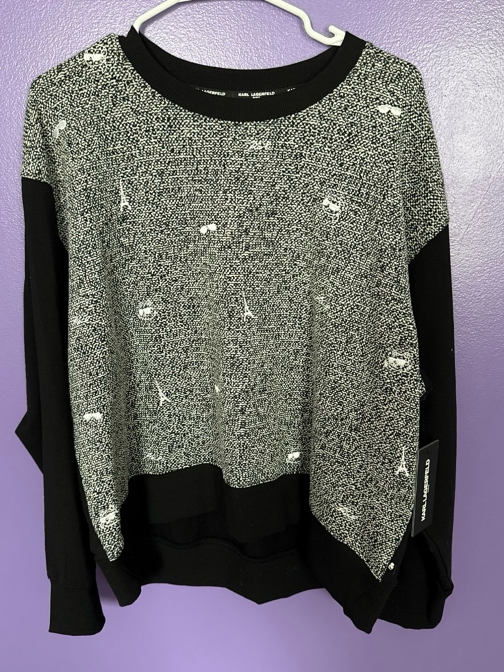Karl Lagerfeld Black and White Marled Crewneck Sweater